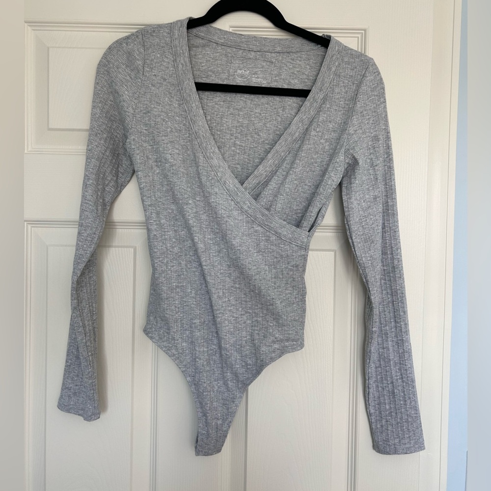 aerie Light Gray Ribbed Wrap-Front Long Sleeve Bodysuit